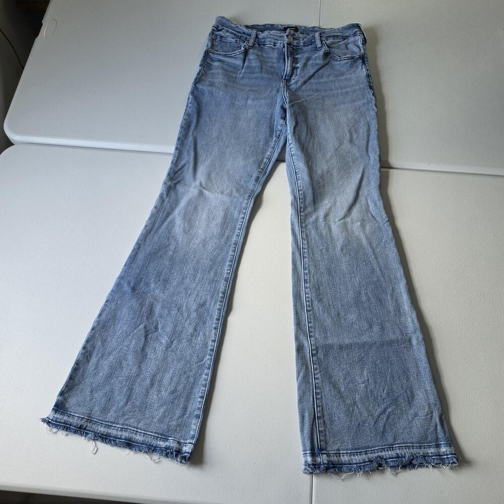 Express Jeans Womens Large Blue 70s Flare Mid Rise Flexx Hyper Stretch Denim
